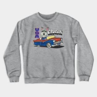 Humorous and cute schnauzer driving a funny classic car through the USA Crewneck Sweatshirt